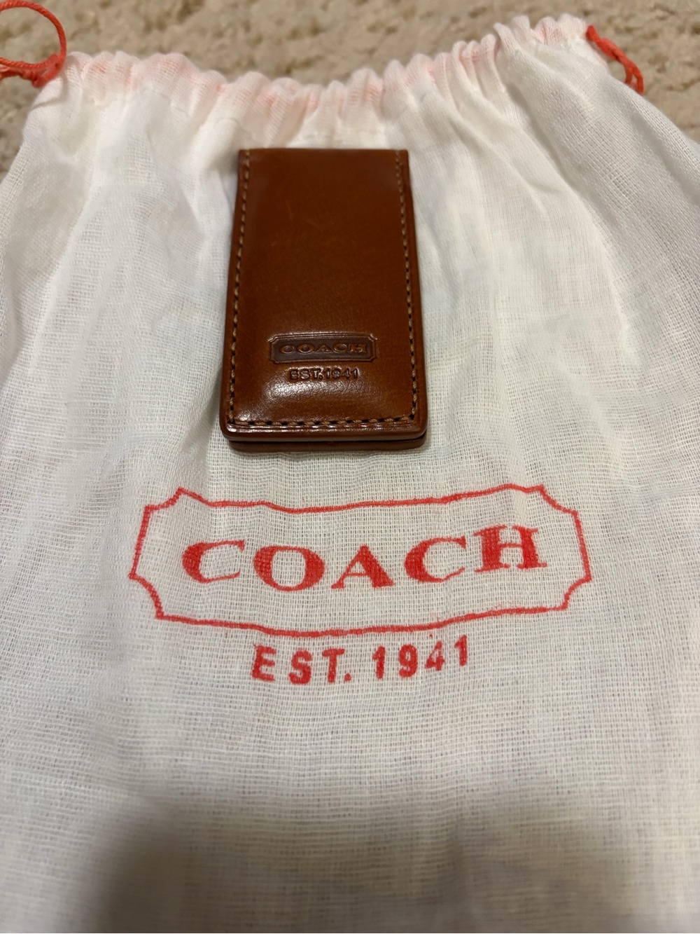 Coach British Tan Leather Money Clip with Embossed Logo - NEW
